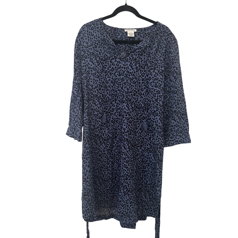 Beach lunch lounge Blue Leopard Print Tassel Tie Shift Dress Size L Boho Office